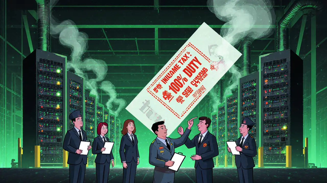 A chaotic crypto mining farm with five government agents monitoring imported hardware and blockchain data.