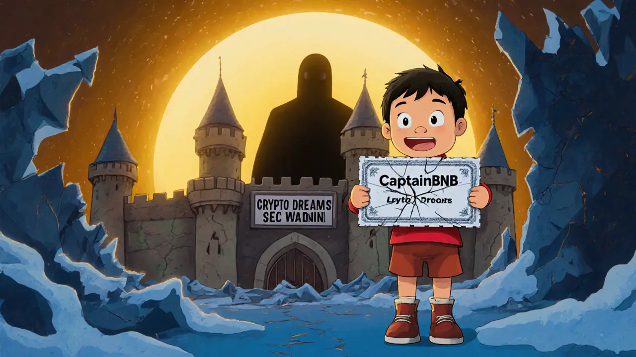 A child holding a cracked CaptainBNB lottery ticket in front of a crumbling castle as a regulator watches nearby.