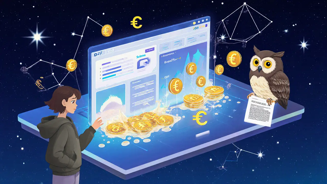 A DeFi dashboard with EURC flowing between blockchains, a girl connecting her wallet, and an owl holding an audit report.