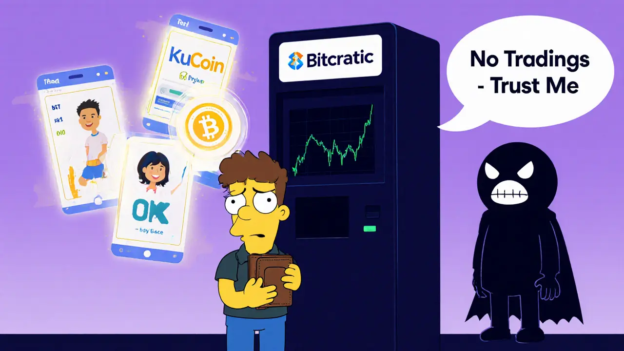 A hesitant user facing a blank, featureless kiosk labeled Bitcratic while other exchanges glow nearby.