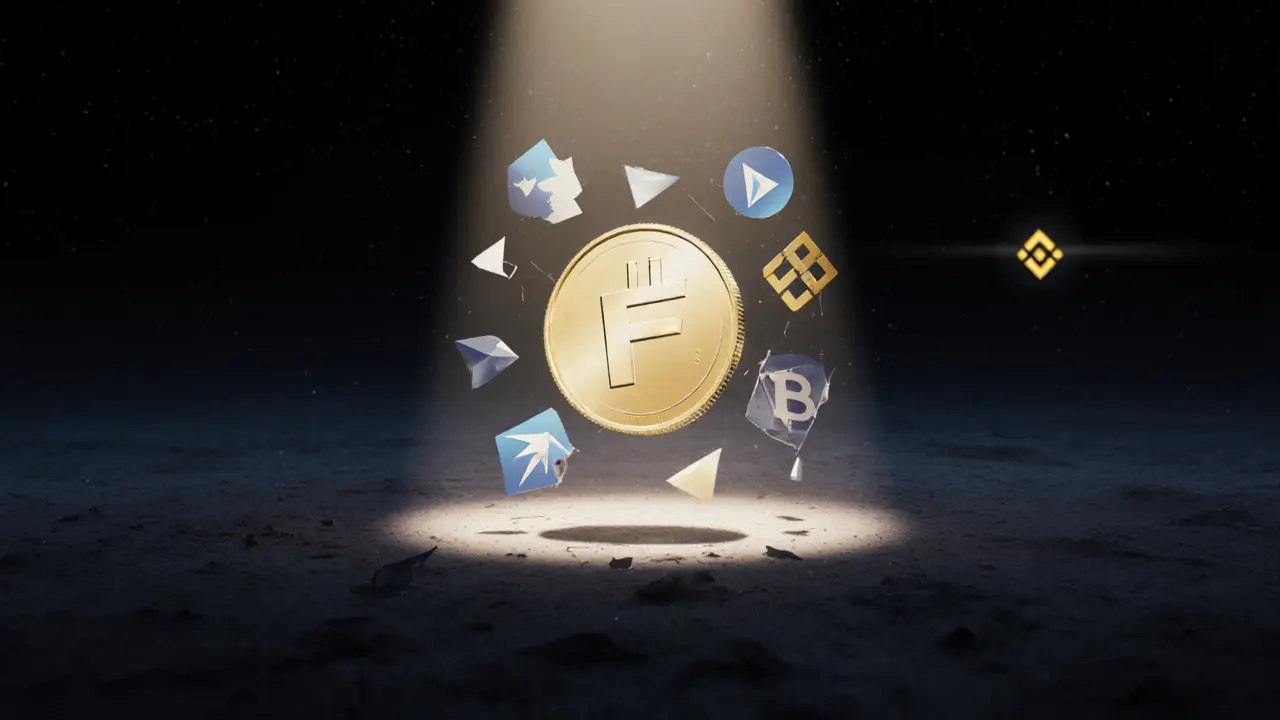 A lone FLY token in darkness with a beam of light revealing fragments of a broken roadmap and distant exchange logos.
