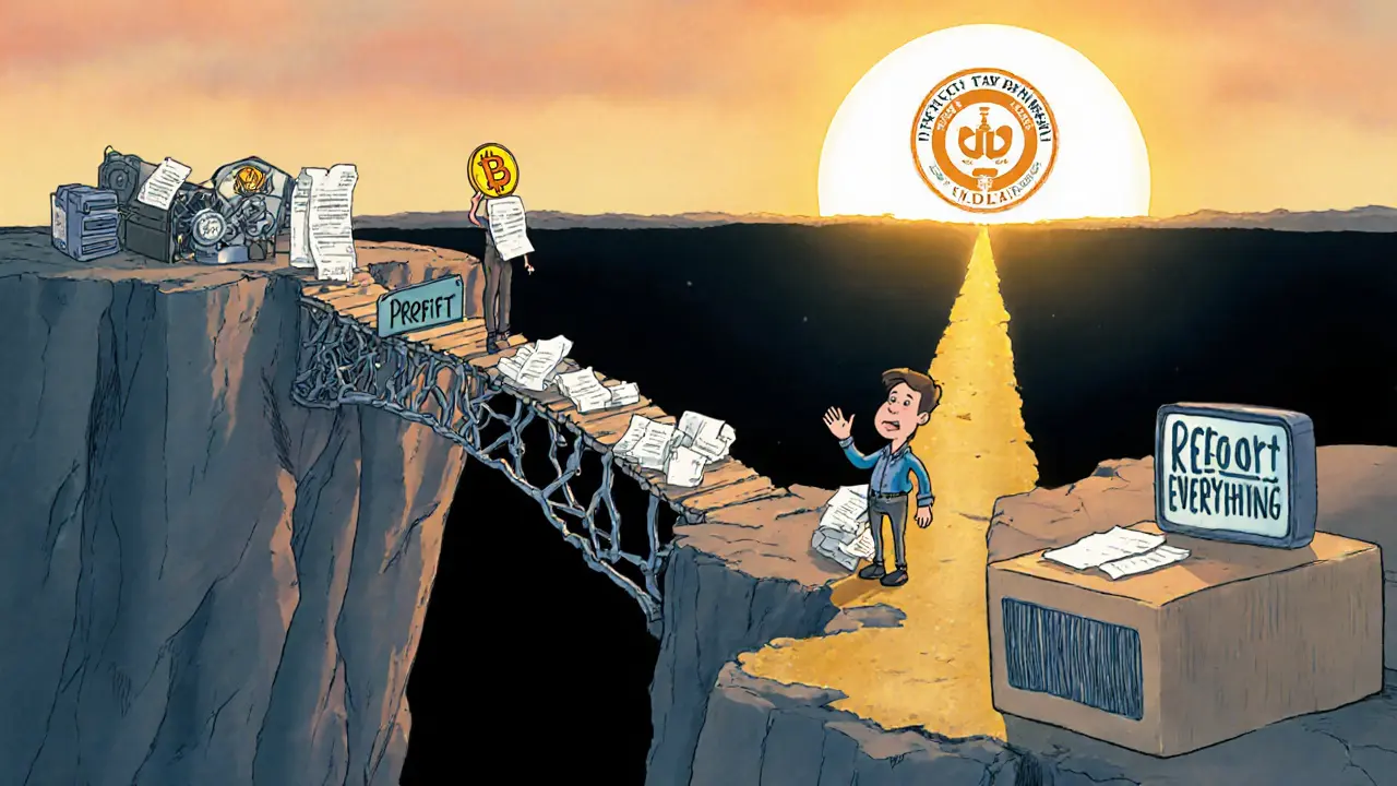 A miner at a cliff's edge, holding a Bitcoin and receipts, with a path labeled 'Report Everything' leading forward.