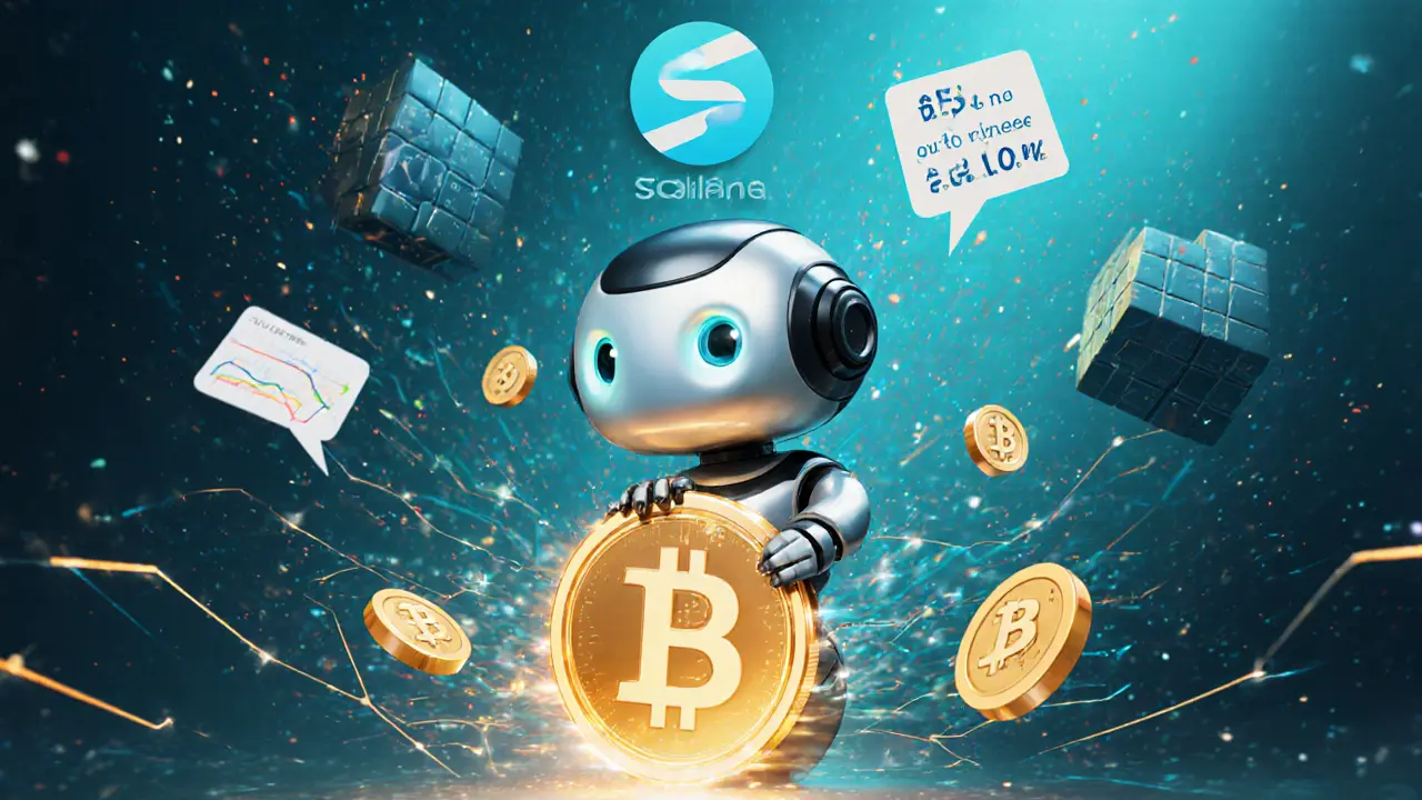 AI robot perched on a HAT token surrounded by blockchain data streams and price charts.