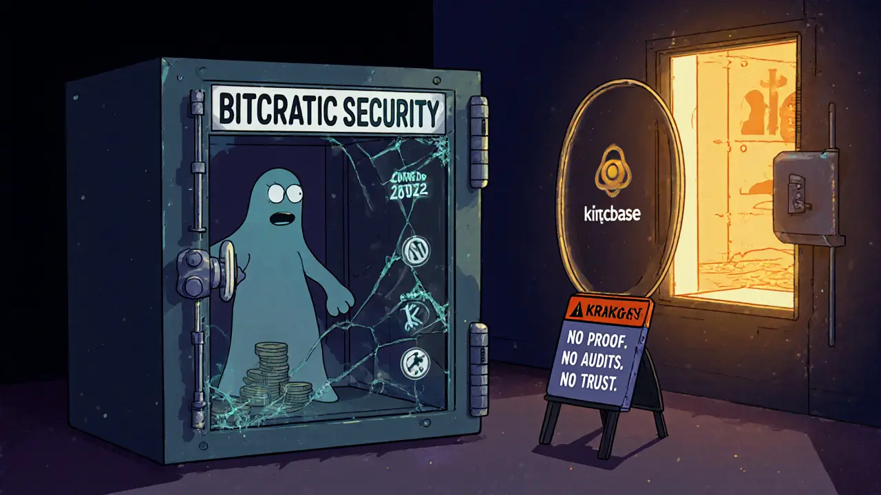 An empty security vault with no audits or coins, reflecting a vanished exchange in a cracked mirror.