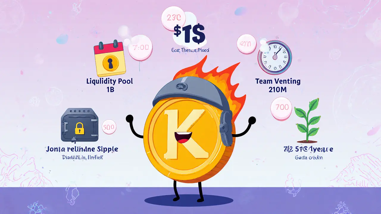 Animated KST coin showing burn flames, liquidity vault, vesting calendar, and staking plant.