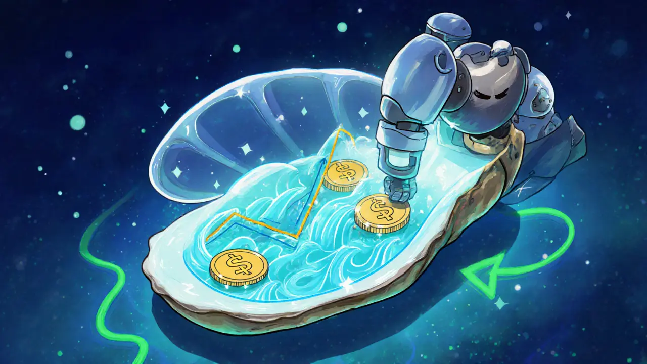 Animated oAMM V3 device blending order‑book depth and liquidity pool with $F tokens.