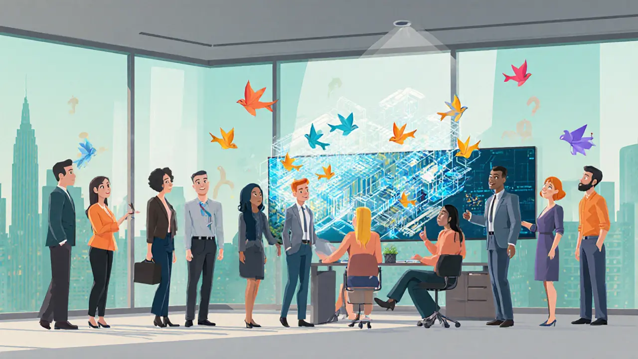 Animated SEC crypto unit team examines holographic blockchain with paper bird tips.