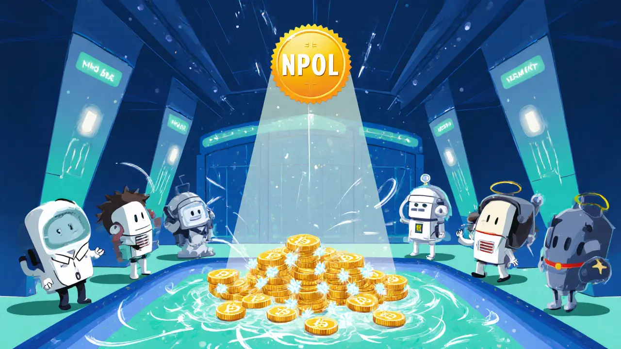 Animated validators deposit wrapped BTC into a pool, highlighted by an NPOL badge.