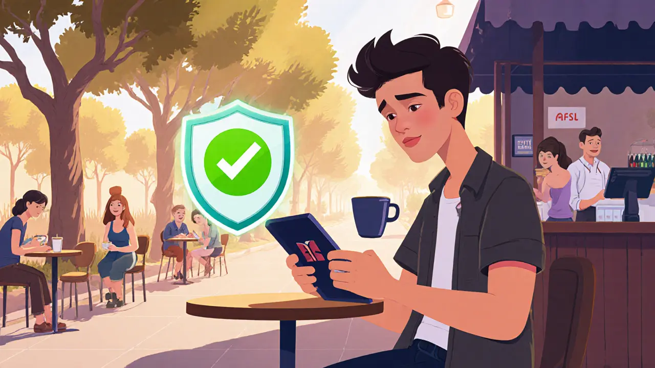 Cafe scene with a person checking a tablet that shows a green checkmark on a crypto exchange.