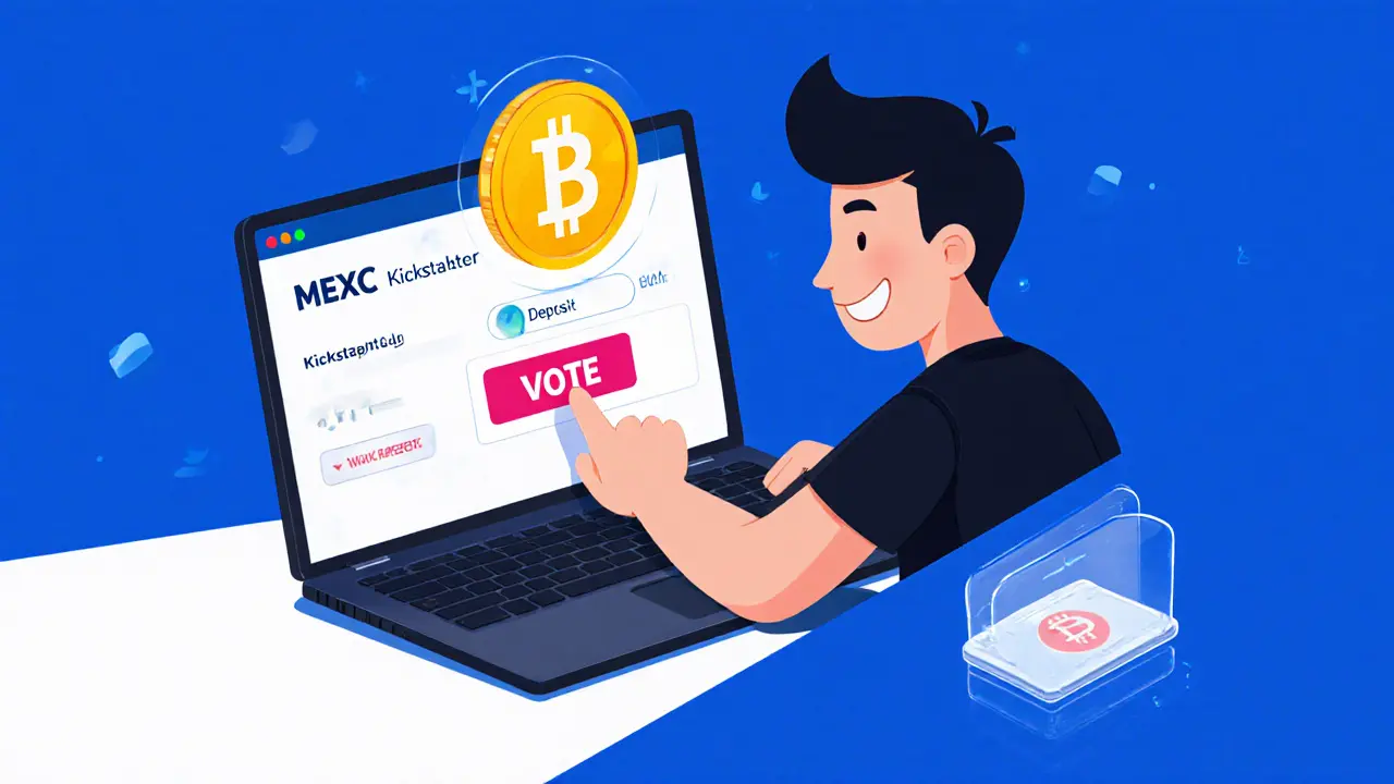 Cartoon avatar at a laptop voting with USDT and receiving DSG tokens on a screen.