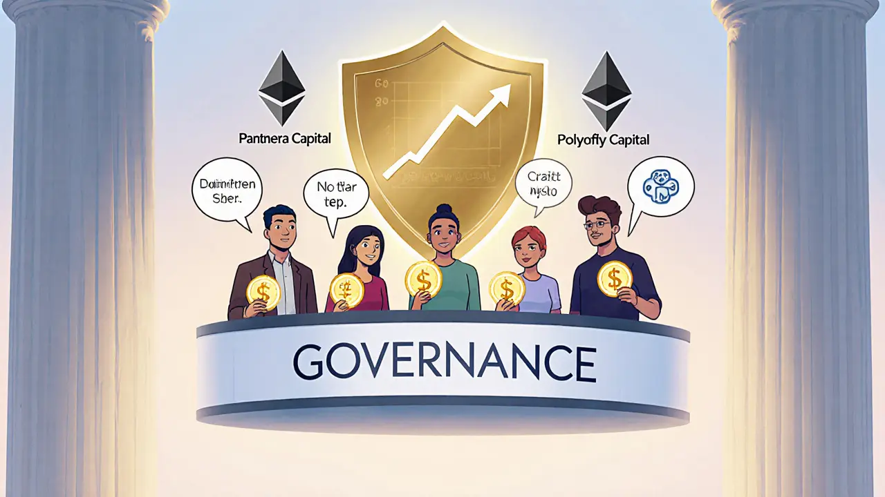 Cartoon community voting on governance with VC pillars and an Ethereum security shield.