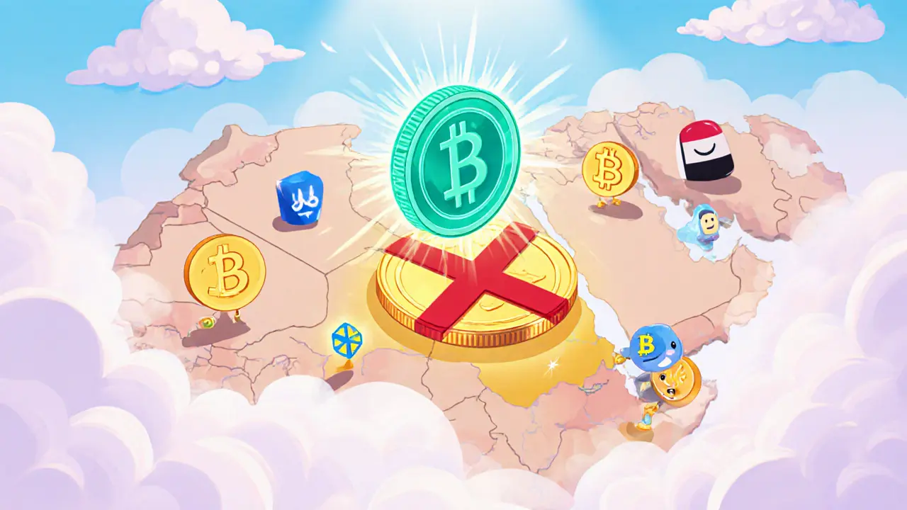 Cartoon map of GCC showing Kuwait with a crypto ban icon and neighboring countries with digital currency symbols.