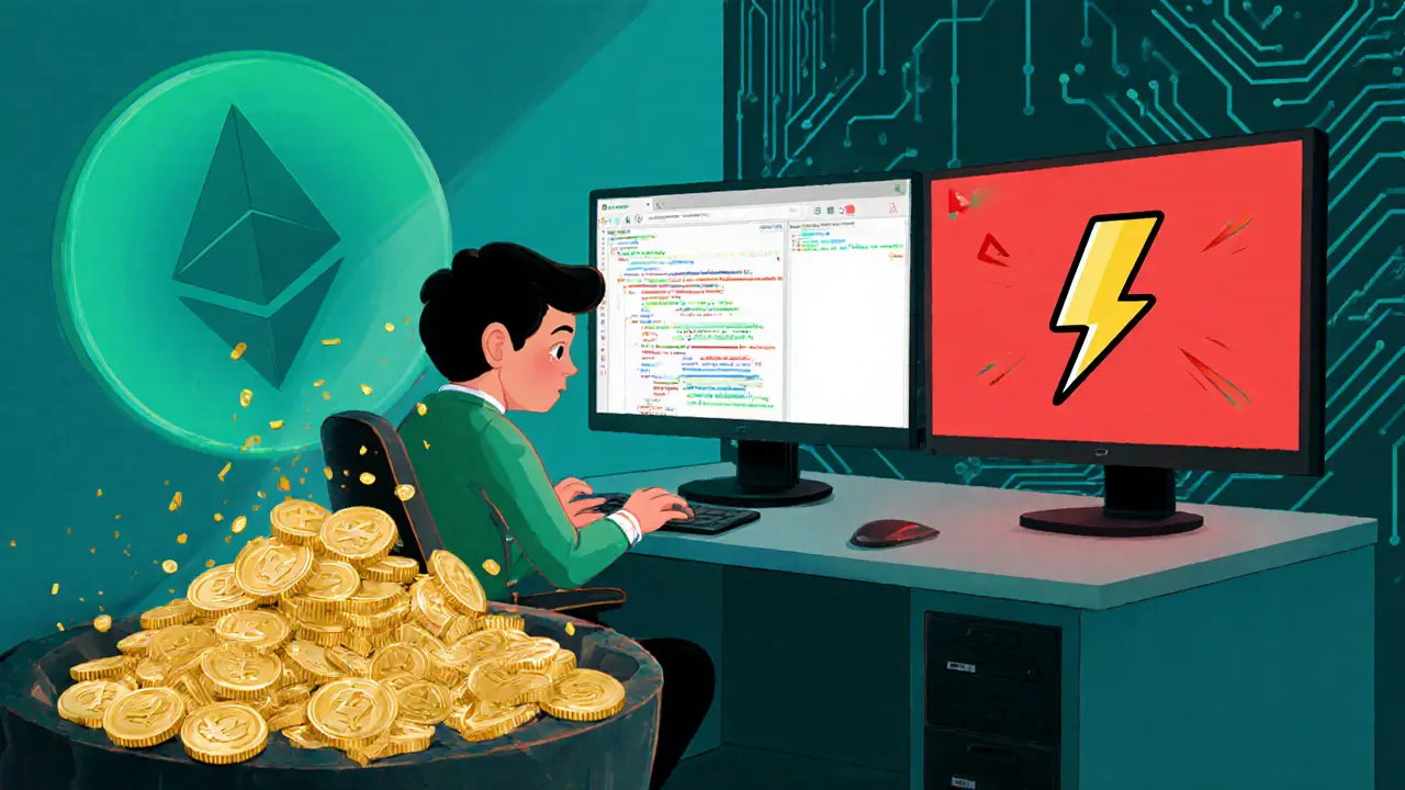 Cartoon operator at two computers, one flashing error, with ETH coins draining after a double‑sign error.