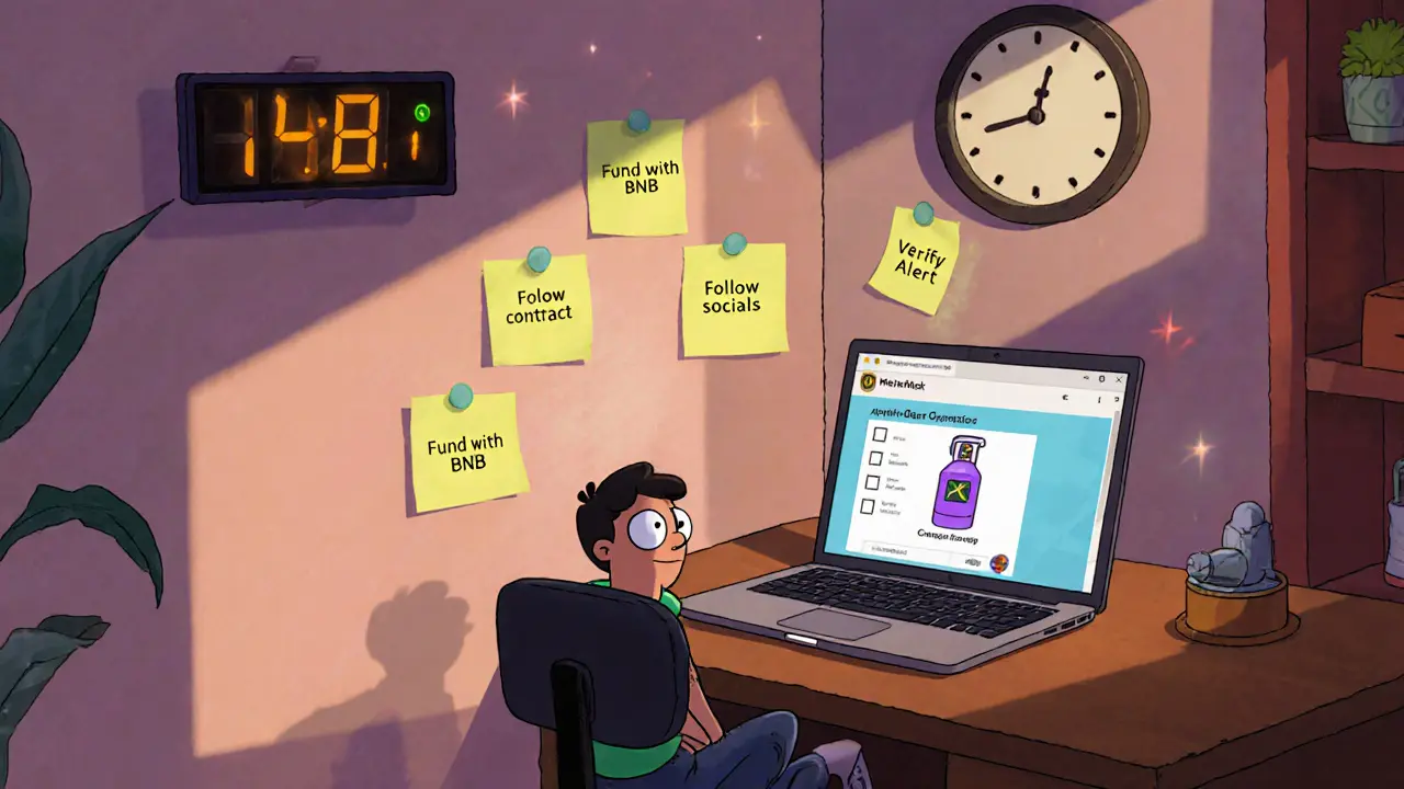 Cartoon person at a desk checks a preparation checklist for the HeroesTD airdrop.