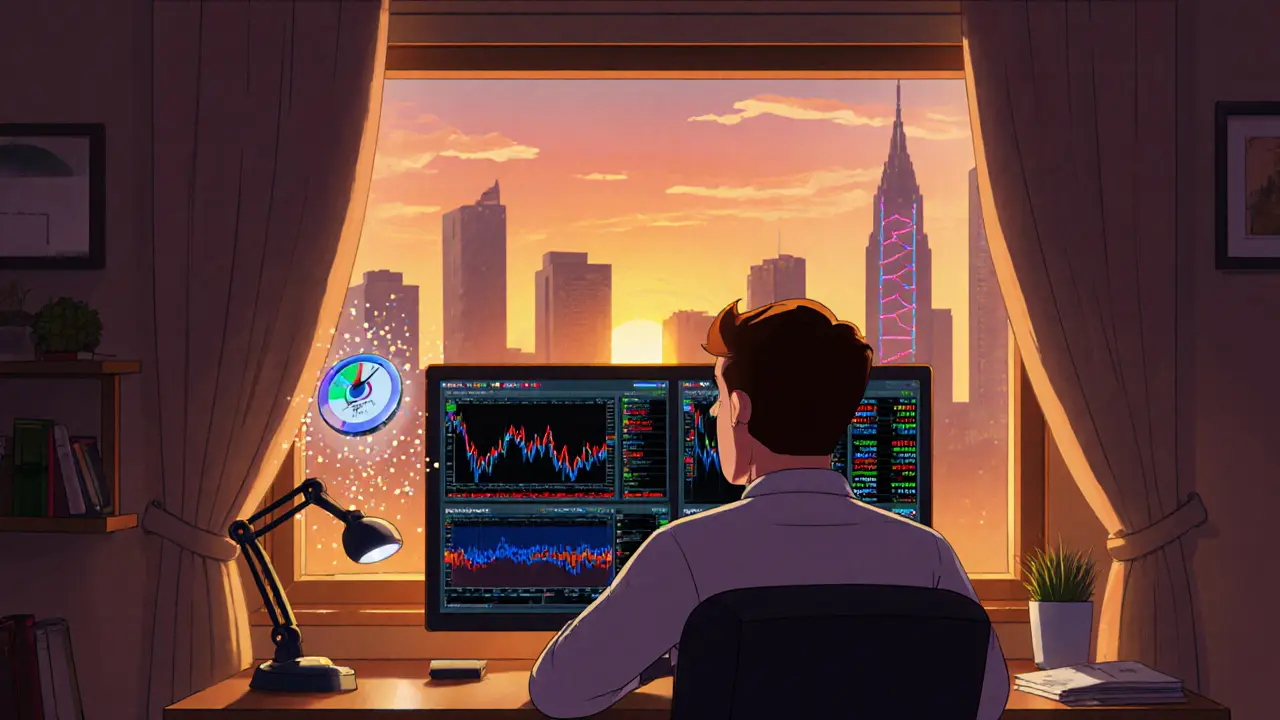 Cartoon trader analyzing spread, volume heatmap, and depth chart during market overlap.