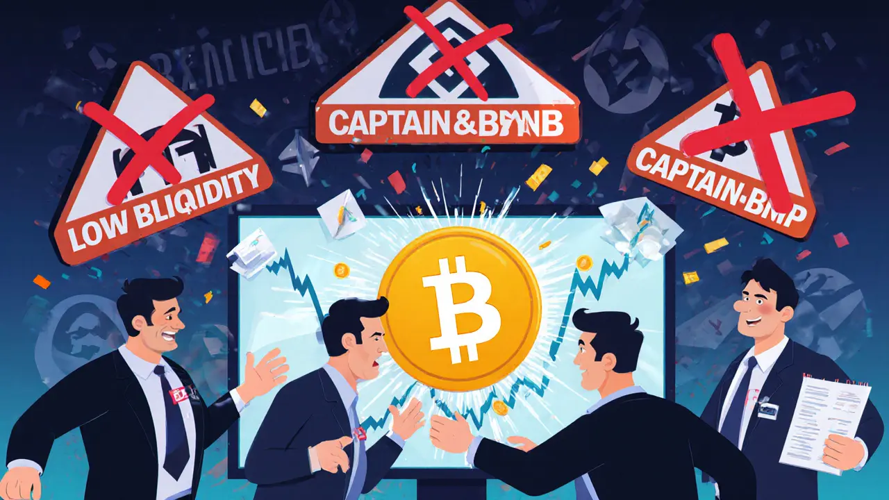 Cartoon traders frantically trading a wobbly CaptainBNB token amid giant warning signs and empty exchange logos.
