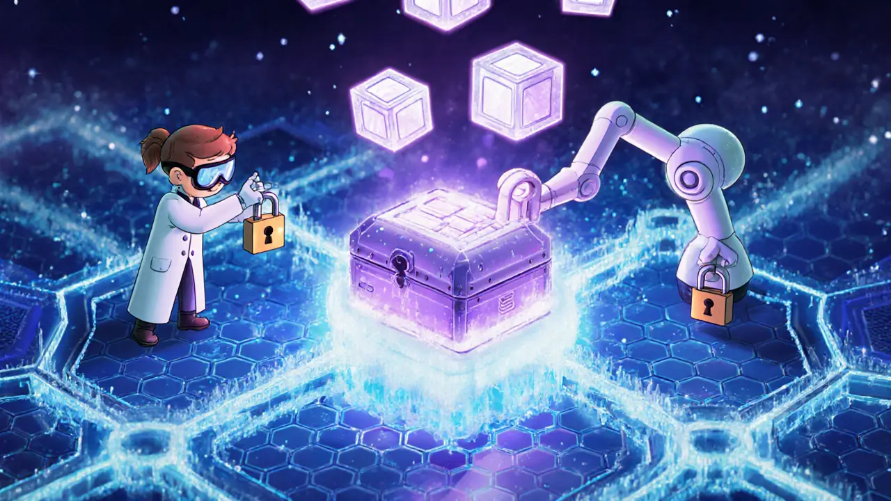 Cartoon view of Avalanche blockchain nodes linking to a glowing GritBox with encrypted data cubes.