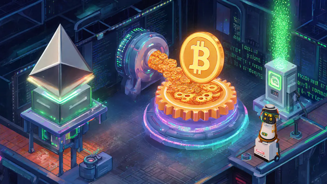 Cartoon workshop showing Ethereum contract, TWAP engine gears, and zero‑fee settlement pump connected.