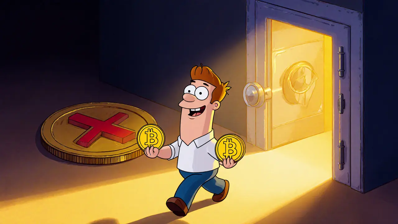 Character holding Bitcoin and Ethereum coins walking toward vault, Beckos token with red X