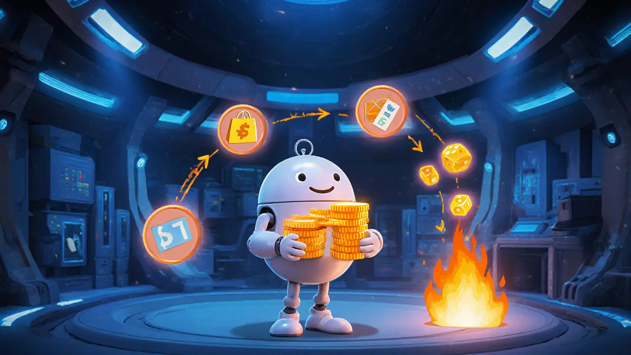 Cheerful robot turning revenue icons into AOG tokens and burning them in a flame.