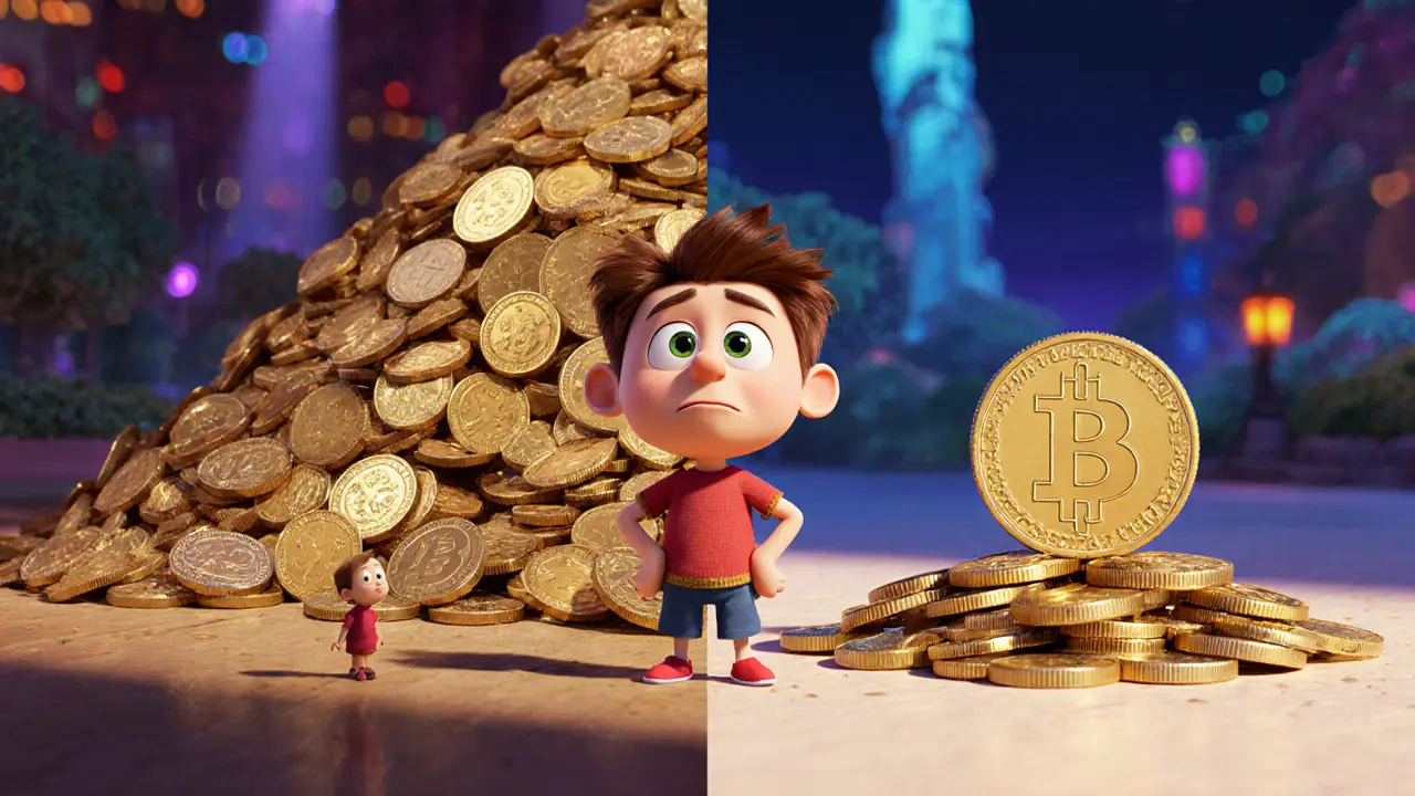 Confused character between tiny coin with large pile vs large coin with small pile