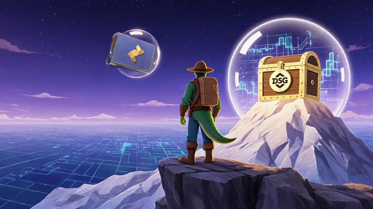 Dinosaur explorer looking at a distant treasure chest with DSG logo under a starry sky.
