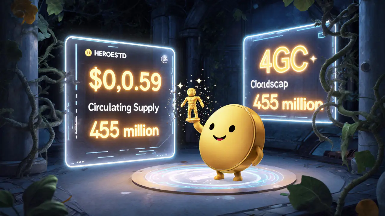 Floating screens show HTD token stats while a golden CGC coin summons a hero NFT.