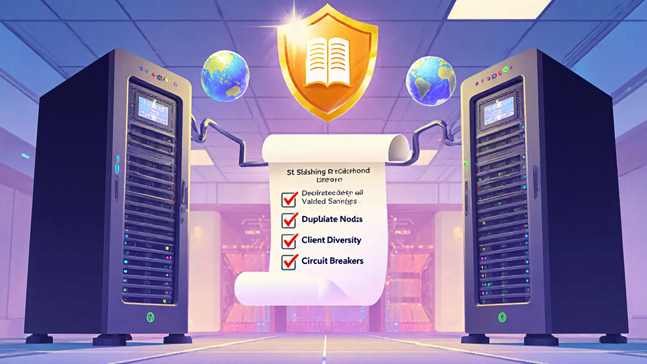 Friendly Pixar‑style control room showing dual servers, a shield icon, and a checklist for slashing protection.