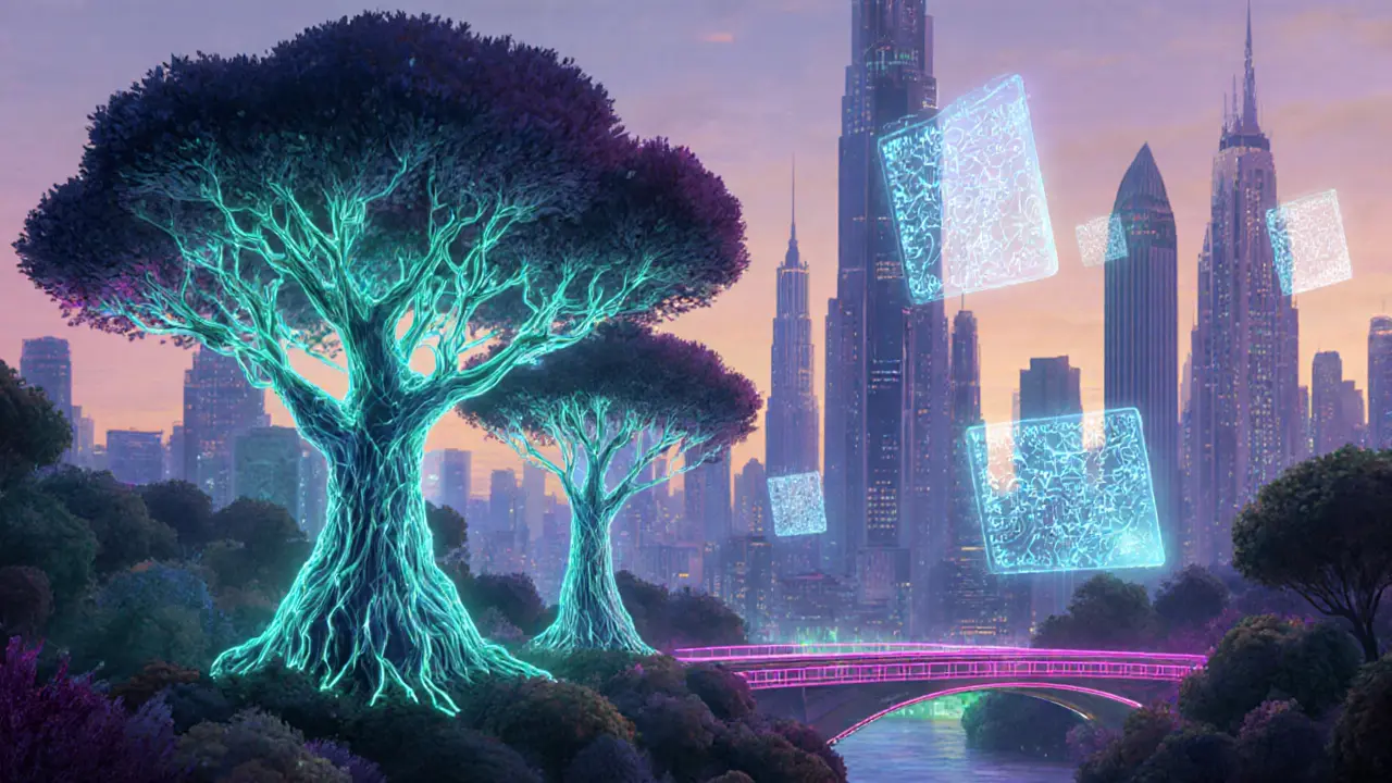 Futuristic city with neon Merkle Trees, holographic zk‑proofs, and cross‑chain bridges.