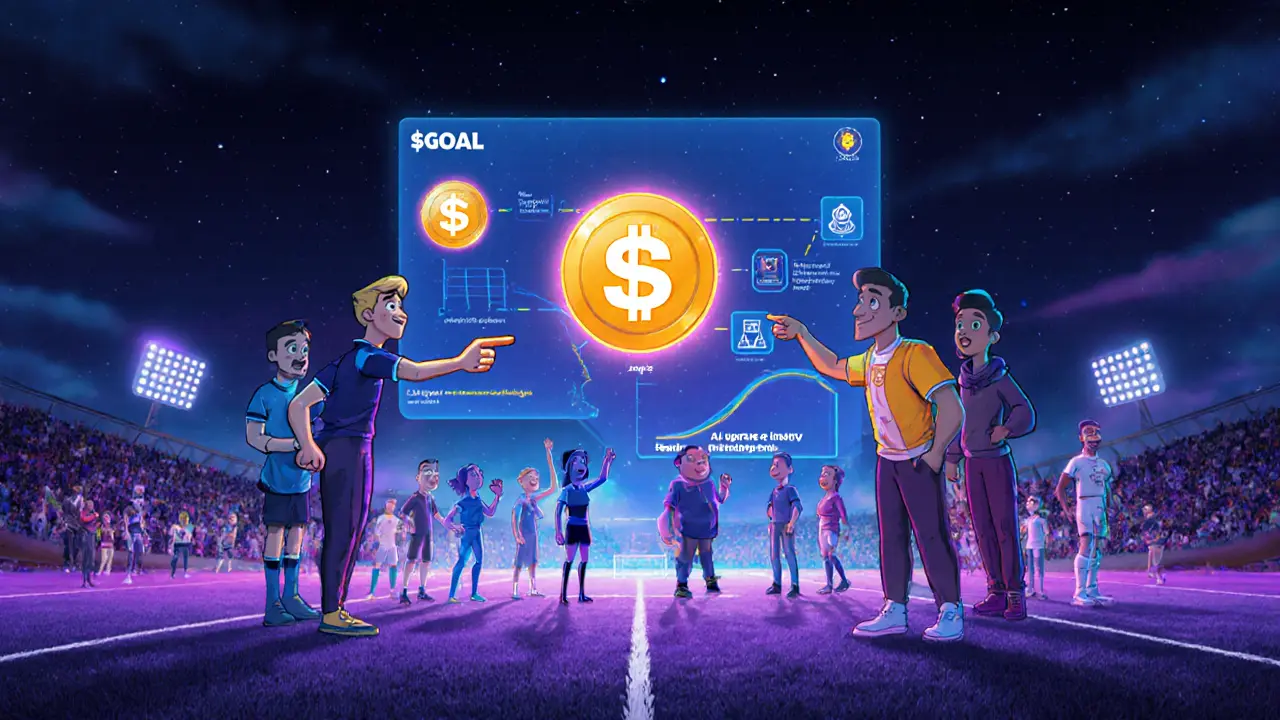 Futuristic football field with holographic token display and hopeful players.