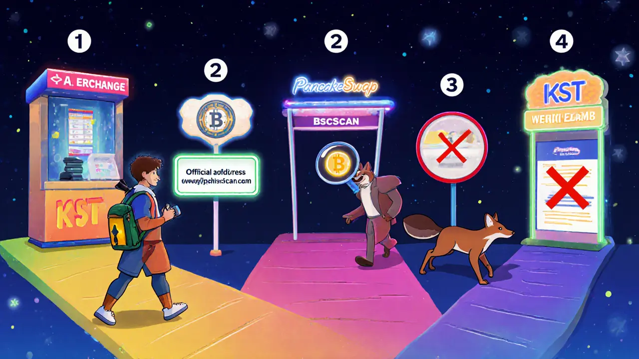 Heroic figure follows five-step path to safely buy KST, avoiding a phishing fox.