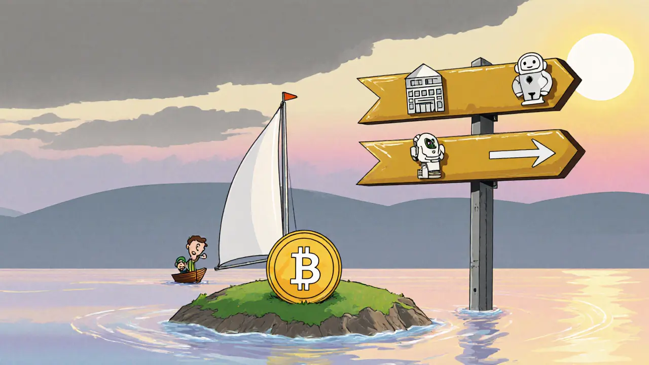 Illustration of a lone token on an island, a boat nearby, and a roadmap with future milestones.