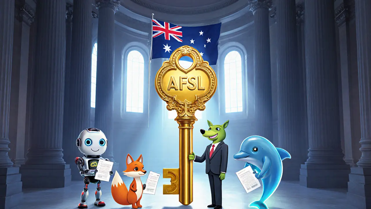 Parliament chamber with a golden AFSL key and crypto platform characters submitting applications.