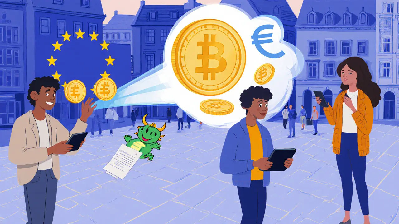 People in a European city exchange EURC tokens via smartphones with a glowing transfer beam and a Solana dragon nearby.