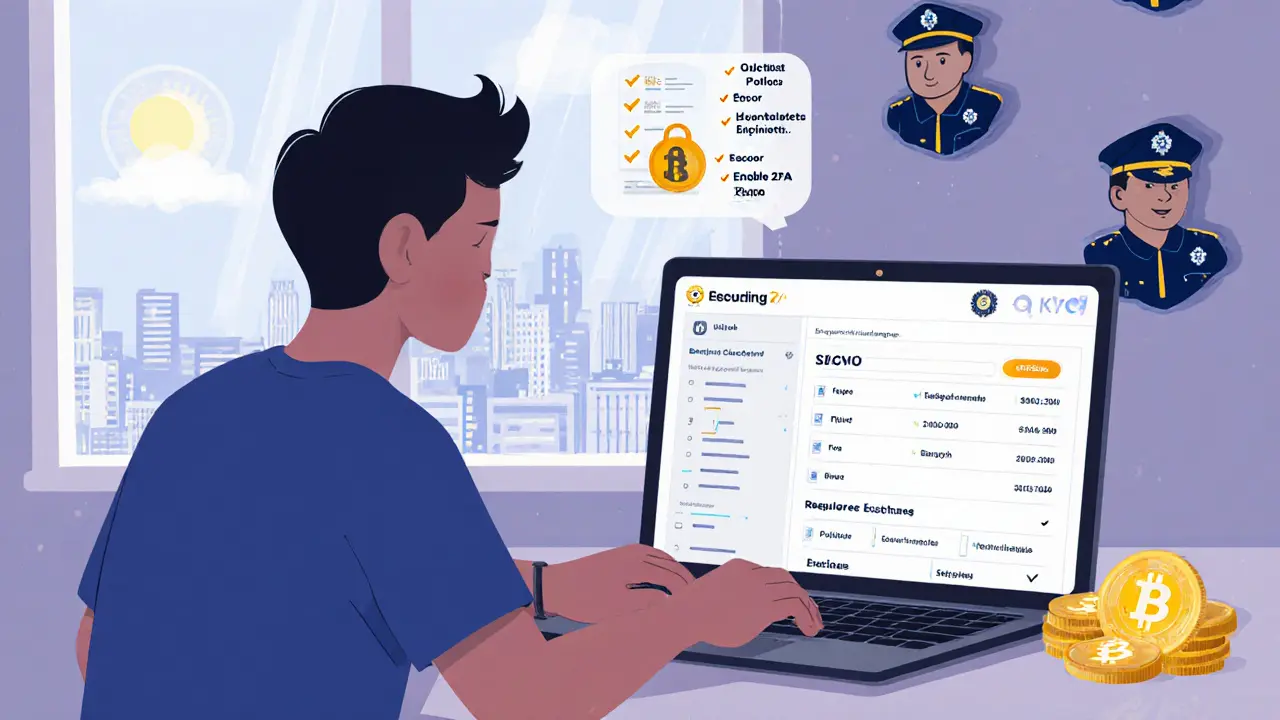 Person using a regulated exchange with 2FA, secure wallet, and a checklist of safety steps.
