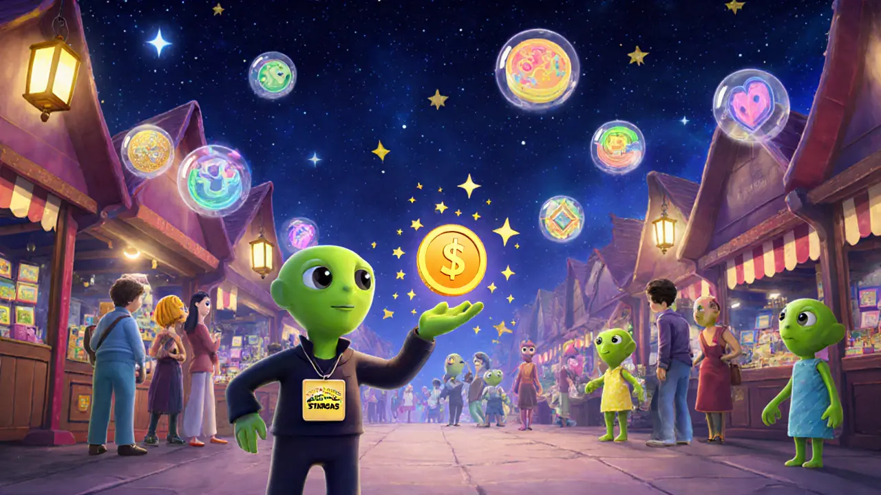 Pixar‑style alien marketplace with NFT art and a vendor handing a glowing $STARS token.