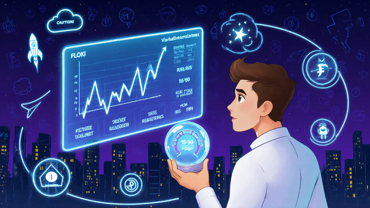 Pixar-style investor looking at FLOKI price hologram, crystal ball rocket, and risk symbols with community icons.