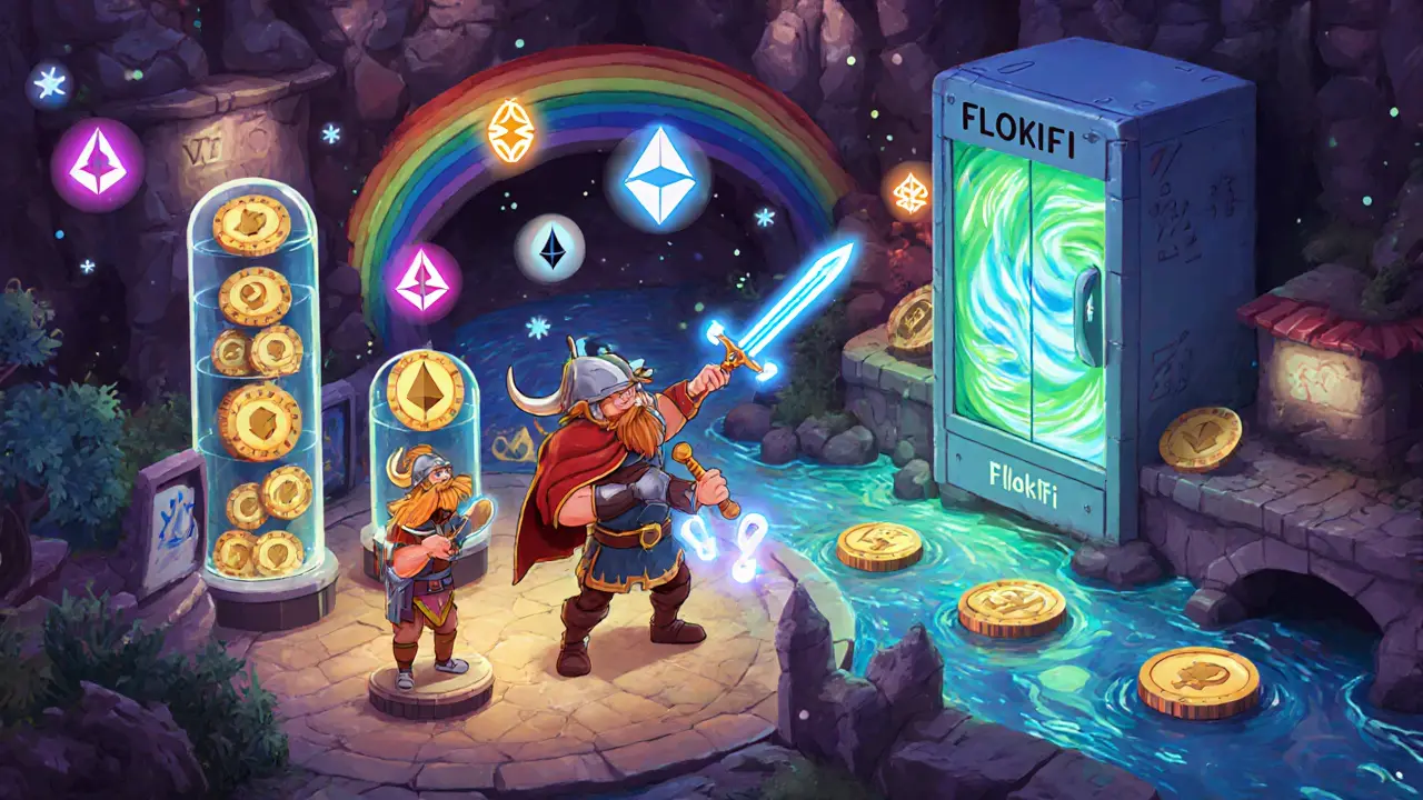 Pixar-style Valhalla game arena with Viking avatars, glowing NFTs, and a FlokiFi locker bridge across chains.