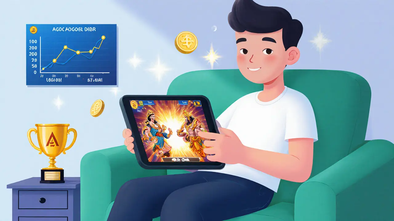 Player on a couch playing AgeOfGods, surrounded by tokens, charts, and a trophy.