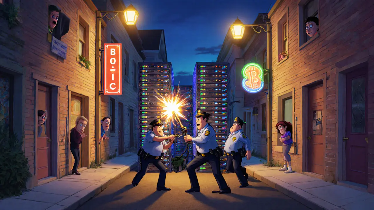 Police officers shutting down illegal crypto mining rigs in a residential alley at dusk.