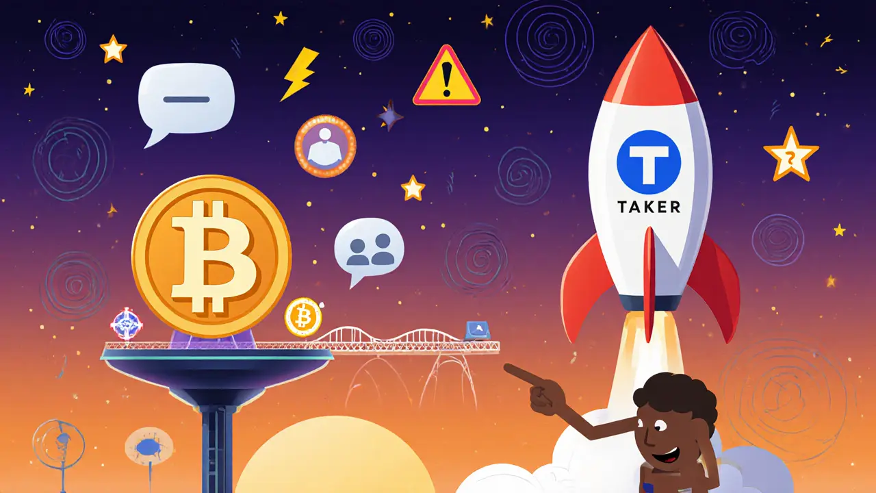 Rocket with TAKER logo launches toward NFTs and sidechain, with risk icons nearby.