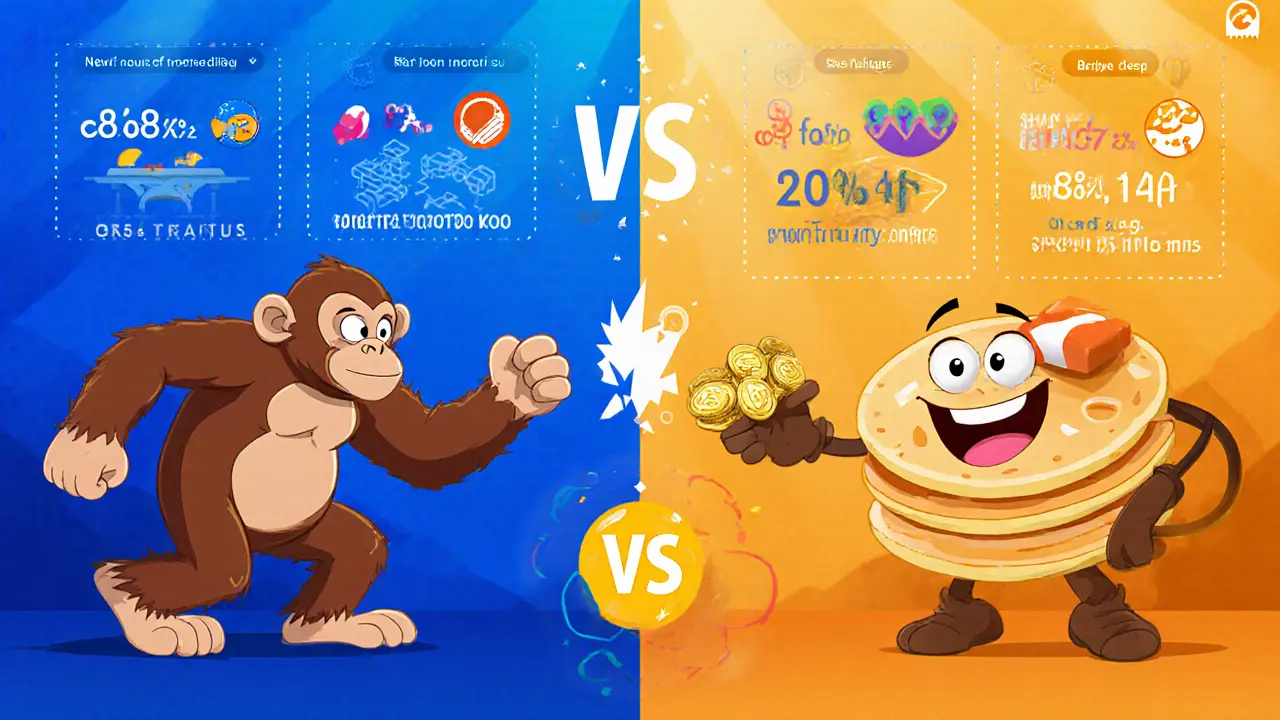 Split-screen cartoon of ApeSwap ape versus pancake mascot showing side‑by‑side stats.
