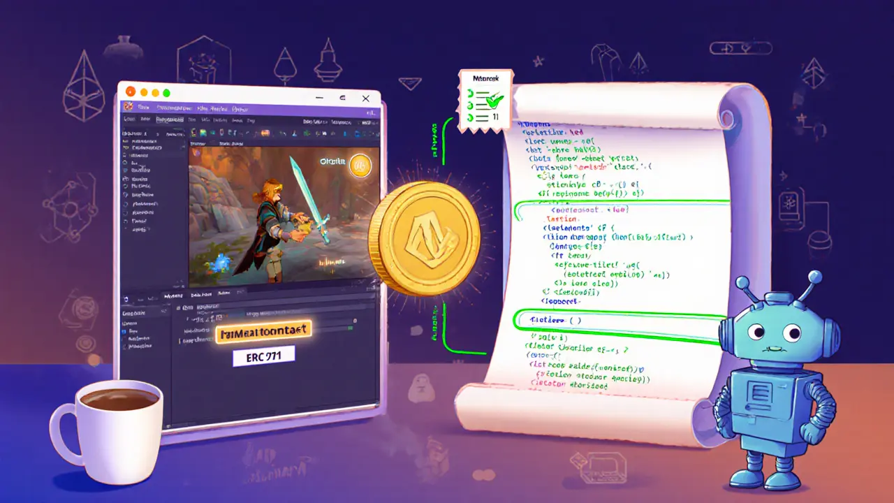Split-screen showing Unity game engine minting a sword and Solidity contract code.