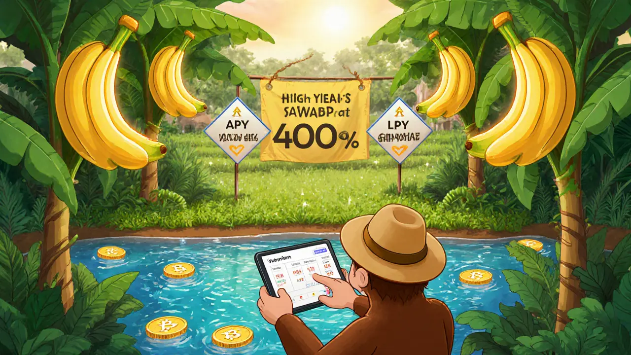 Tropical farm with banana trees bearing BANANA and GNANA tokens and a swap widget.