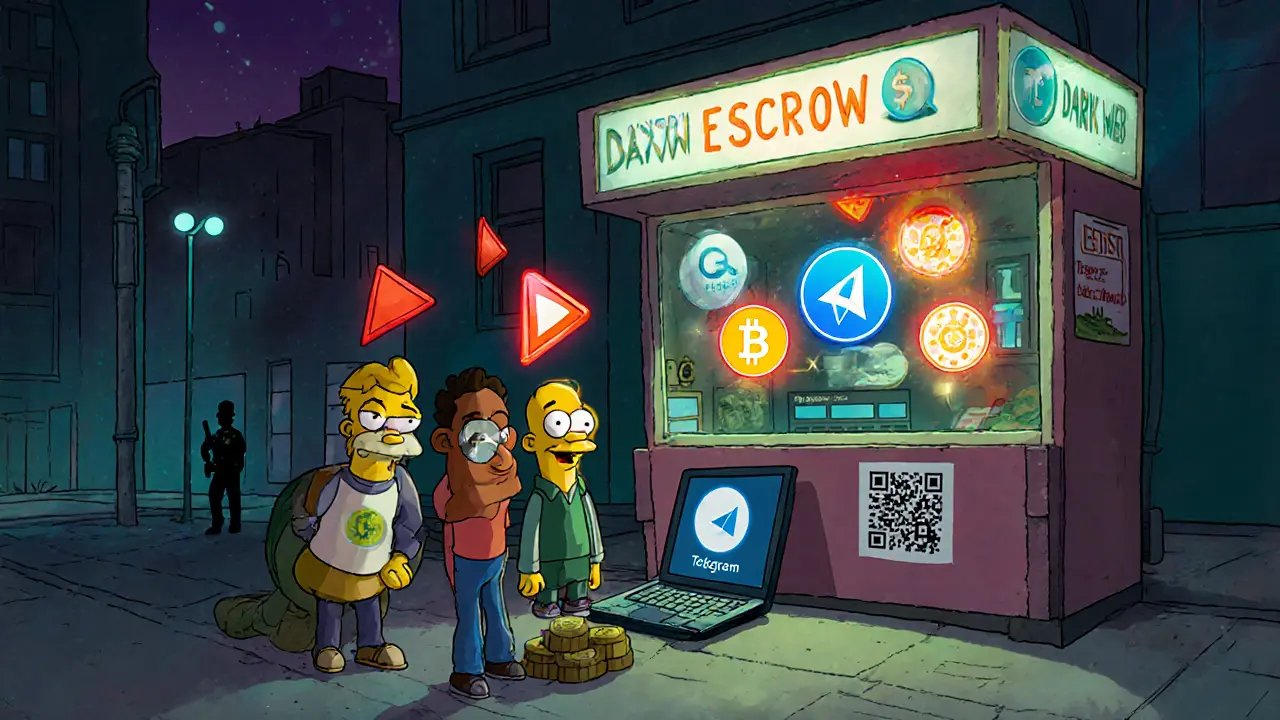 Underground crypto hub with dark web forum, Telegram chat, cash payments and red flag symbols.