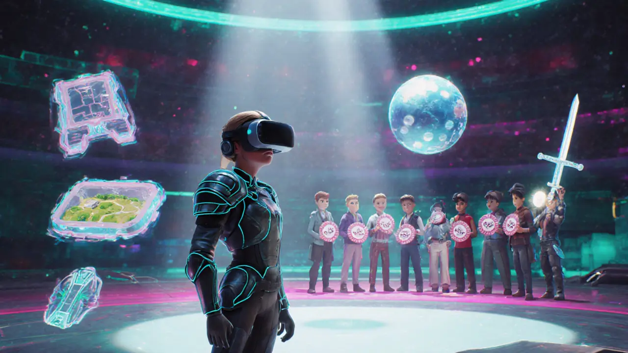 VR player surrounded by holographic NFT gear and a DAO avatar council voting.