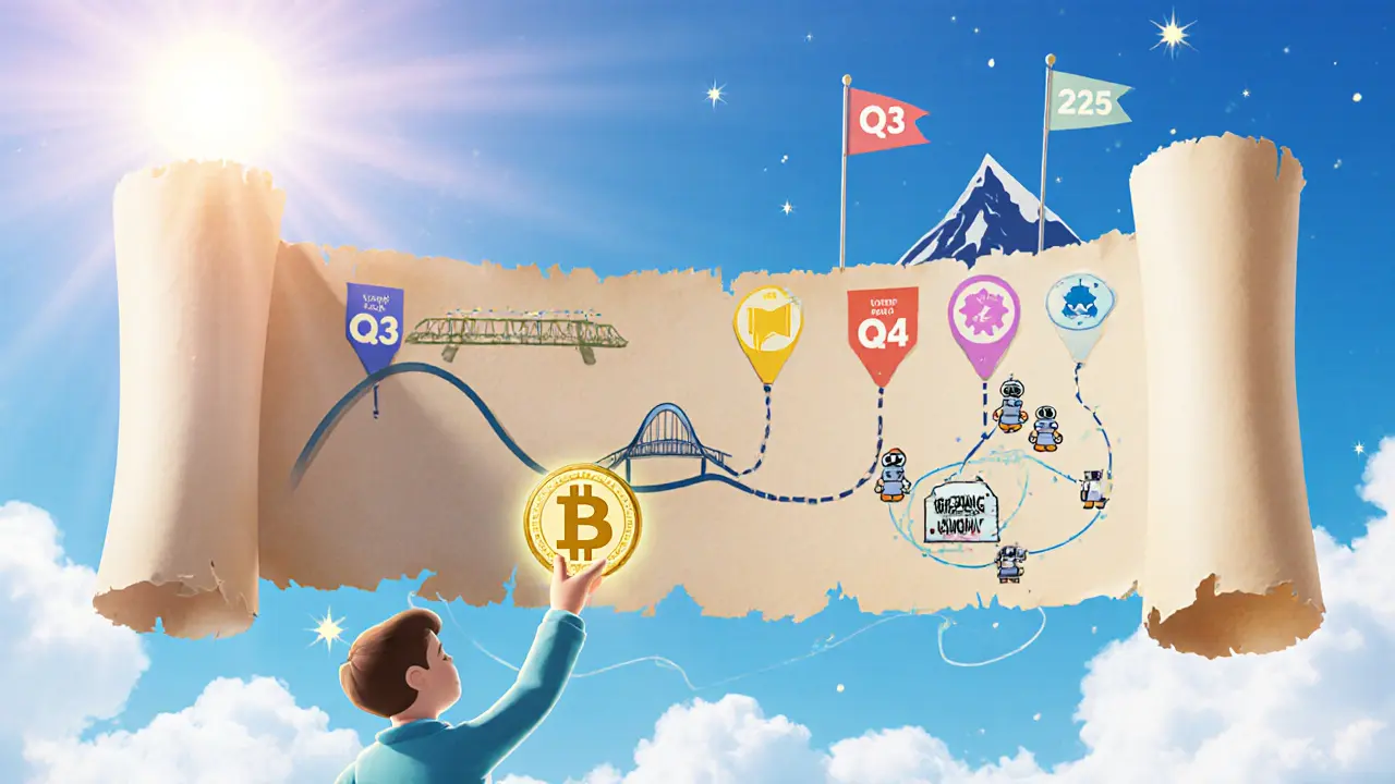 Whimsical roadmap scroll with milestones, showing a user celebrating a new HAT token.