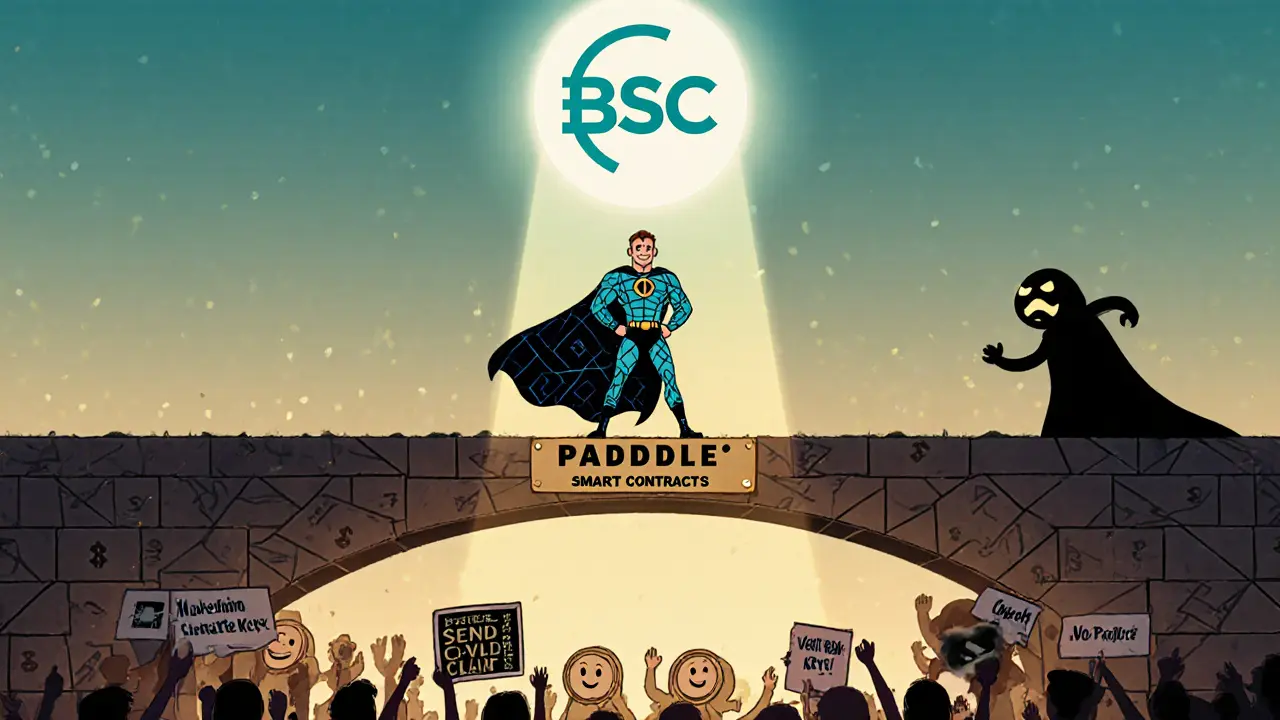 A blockchain hero stops a scammer from luring wallets into a pit, while others cheer safely on the bridge.