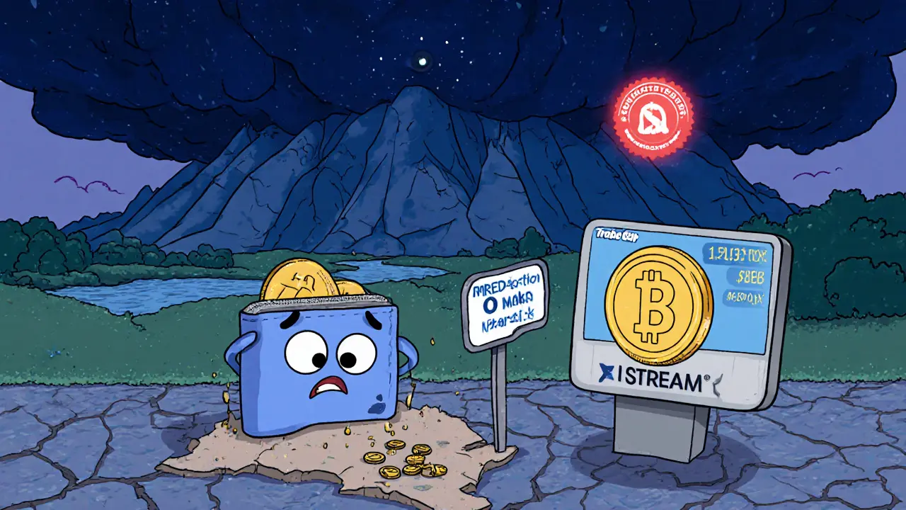 A cartoon crypto wallet attempting to trade on a dry liquidity pool with a &#039;0 Market Cap&#039; sign looming overhead.