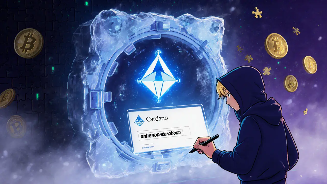 A character signs a digital message at a Cardano-themed vault portal to claim tokens.